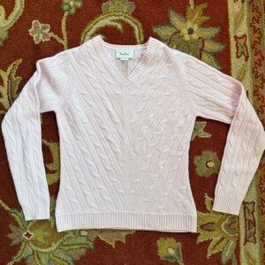 Neman Marcus 100% Cashmere V-Neck Sweater Pale Pink Cable Knit Size Small